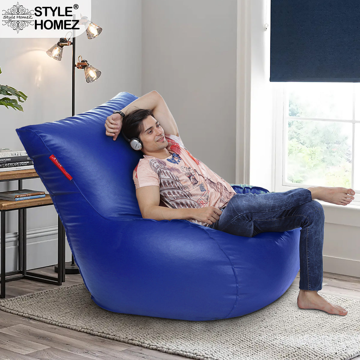 Style Homez MAMBO, Premium Leatherette Fabric XXXL Bean Bag Blue Color Filled with Beans Fillers