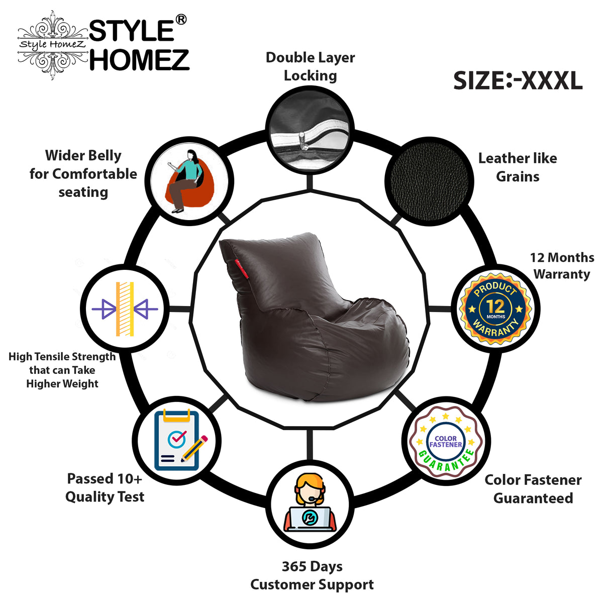 Style Homez MAMBO, Premium Leatherette Fabric XXXL Bean Bag Chocolate Brown Color Filled with Beans Fillers