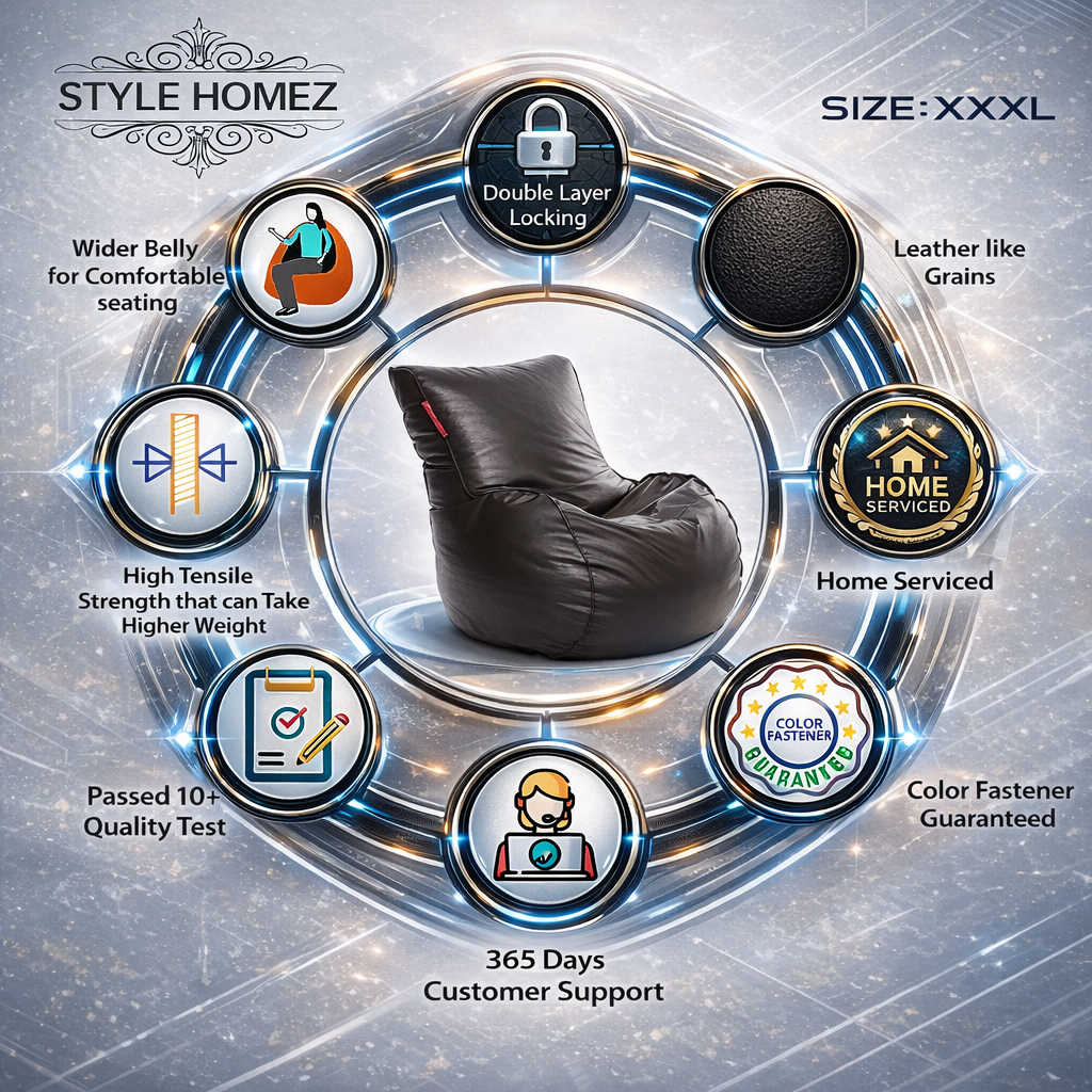 Style Homez MAMBO, Premium Leatherette Fabric XXXL Bean Bag Chocolate Brown Color Filled with Beans Fillers