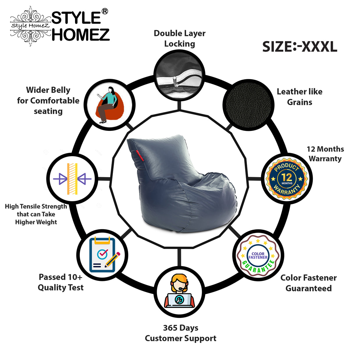 Style Homez MAMBO, Premium Leatherette Fabric XXXL Bean Bag Grey Color Filled with Beans Fillers