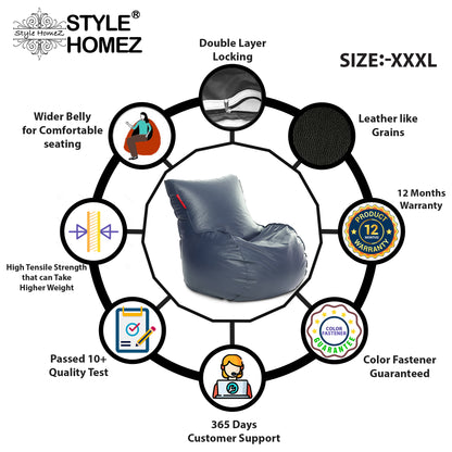 Style Homez MAMBO, Premium Leatherette Fabric XXXL Bean Bag Grey Color Filled with Beans Fillers