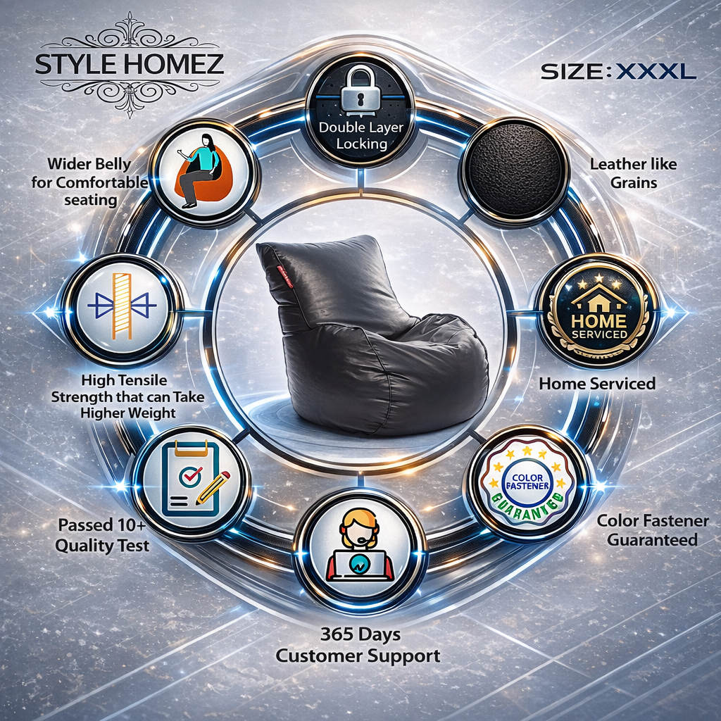 Style Homez MAMBO, Premium Leatherette Fabric XXXL Bean Bag Grey Color Filled with Beans Fillers