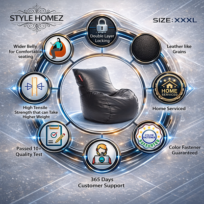 Style Homez MAMBO, Premium Leatherette Fabric XXXL Bean Bag Grey Color Filled with Beans Fillers