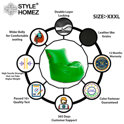 Style Homez MAMBO, Premium Leatherette Fabric XXXL Bean Bag Green Color Filled with Beans Fillers