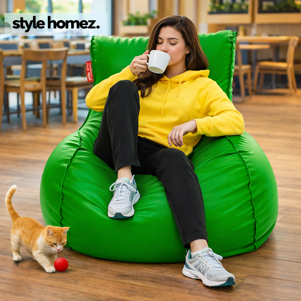 Style Homez MAMBO, Premium Leatherette Fabric XXXL Bean Bag Green Color Filled with Beans Fillers