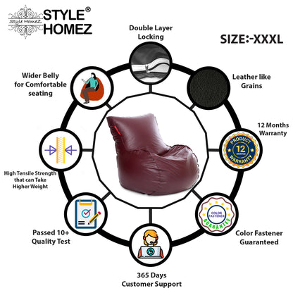 Style Homez MAMBO, Premium Leatherette Fabric XXXL Bean Bag Maroon Color Filled with Beans Fillers
