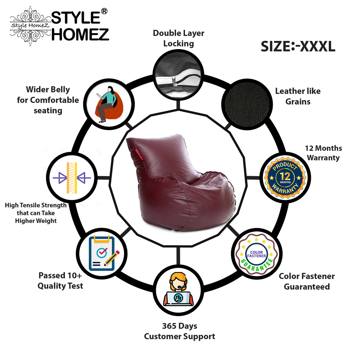 Style Homez MAMBO, Premium Leatherette Fabric XXXL Bean Bag Maroon Color Filled with Beans Fillers