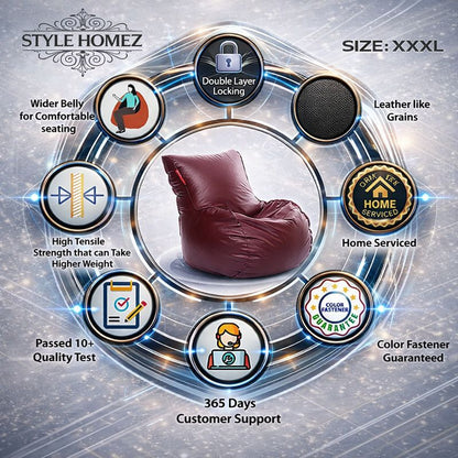 Style Homez MAMBO, Premium Leatherette Fabric XXXL Bean Bag Maroon Color Filled with Beans Fillers