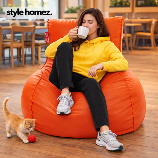 Style Homez MAMBO, Premium Leatherette Fabric XXXL Bean Bag Orange Color Filled with Beans Fillers