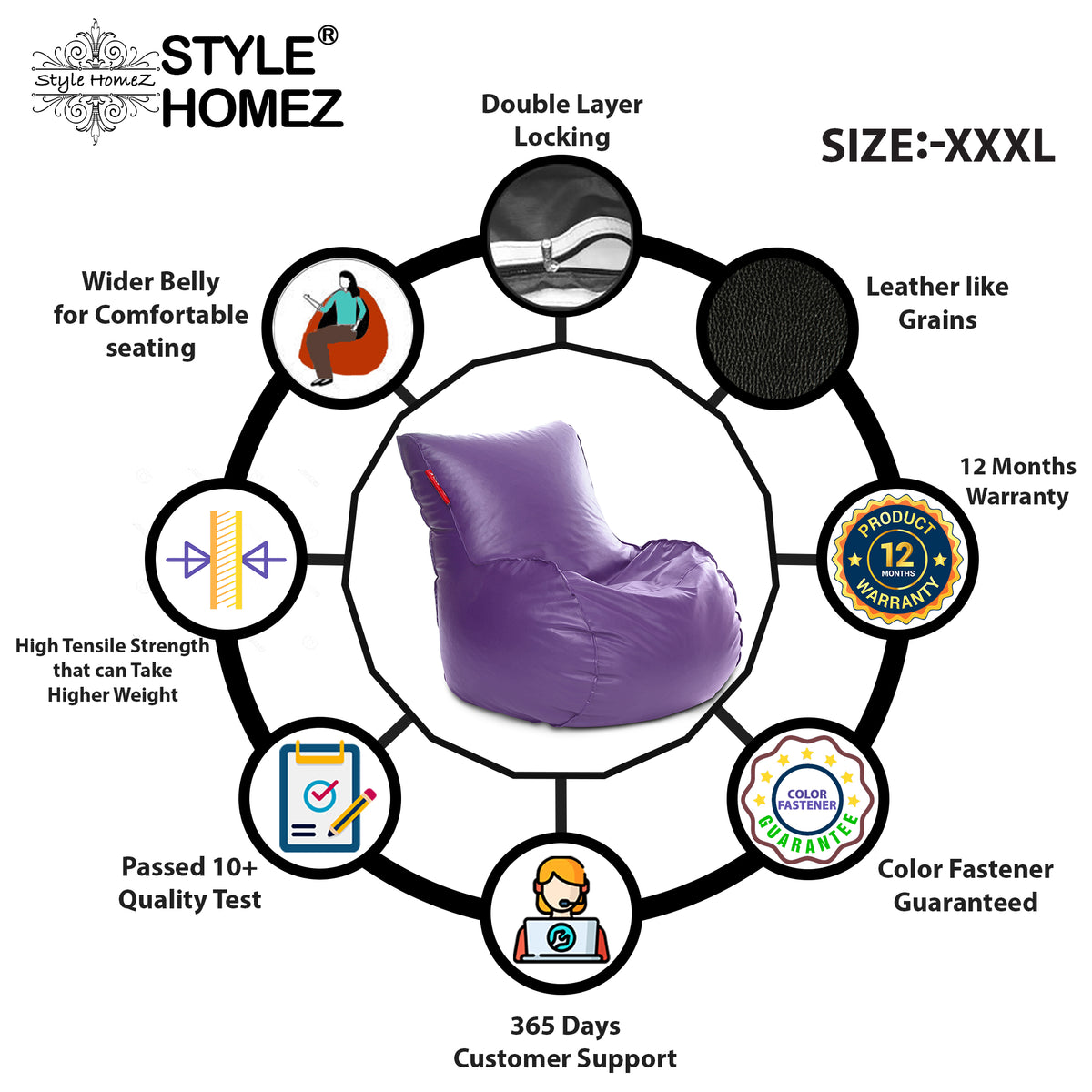 Style Homez MAMBO, Premium Leatherette Fabric XXXL Bean Bag Purple Color Filled with Beans Fillers