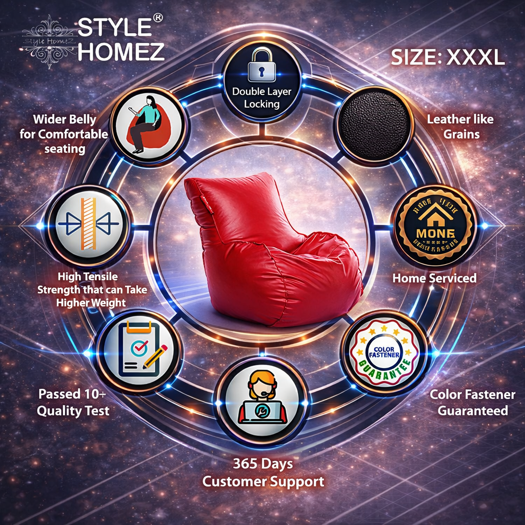 Style Homez MAMBO, Premium Leatherette Fabric XXXL Bean Bag Red Color Filled with Beans Fillers
