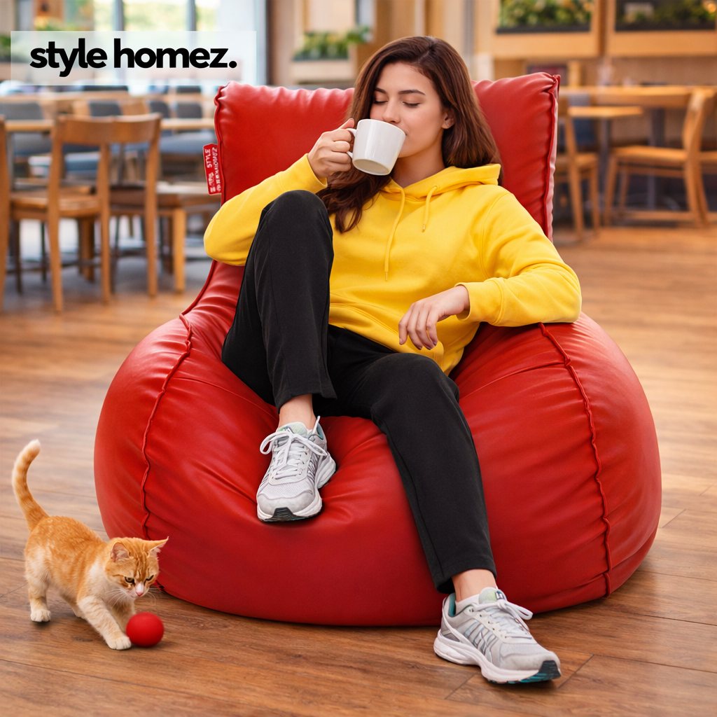 Style Homez MAMBO, Premium Leatherette Fabric XXXL Bean Bag Red Color Filled with Beans Fillers