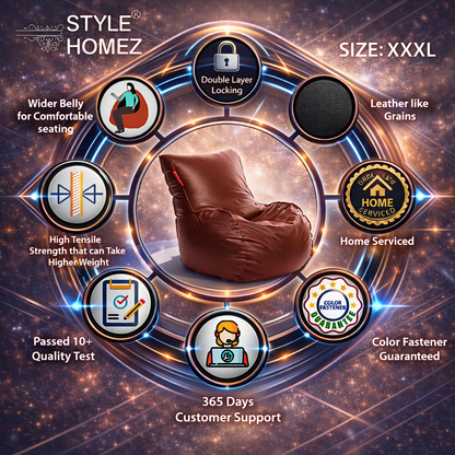 Style Homez MAMBO, Premium Leatherette Fabric XXXL Bean Bag Tan Color Filled with Beans Fillers