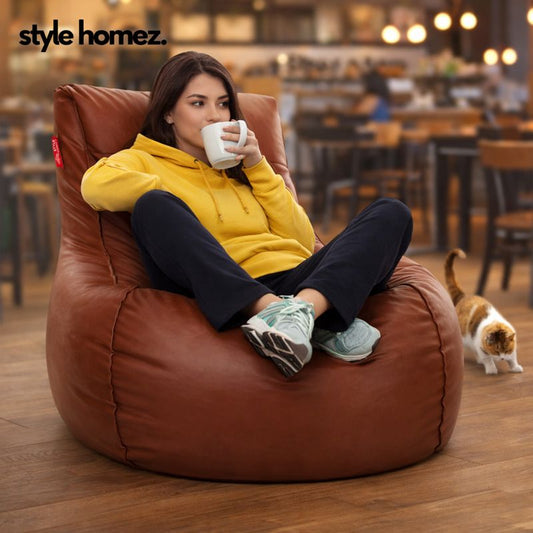 Style Homez MAMBO, Premium Leatherette Fabric XXXL Bean Bag Tan Color Filled with Beans Fillers