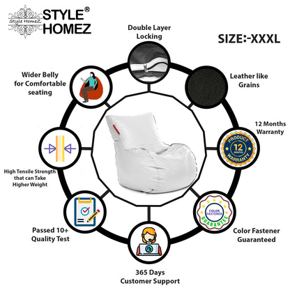 Style Homez MAMBO, Premium Leatherette Fabric XXXL Bean Bag White Color Filled with Beans Fillers