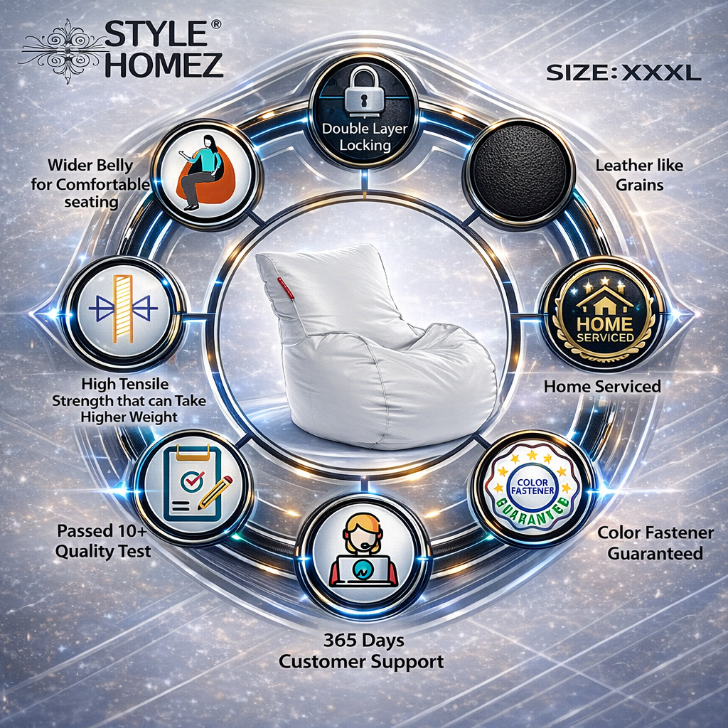 Style Homez MAMBO, Premium Leatherette Fabric XXXL Bean Bag White Color Filled with Beans Fillers