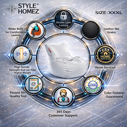Style Homez MAMBO, Premium Leatherette Fabric XXXL Bean Bag White Color Filled with Beans Fillers