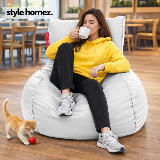 Style Homez MAMBO, Premium Leatherette Fabric XXXL Bean Bag White Color Filled with Beans Fillers