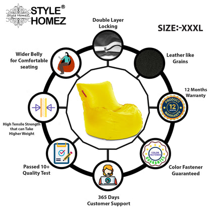 Style Homez MAMBO, Premium Leatherette Fabric XXXL Bean Bag Yellow Color Filled with Beans Fillers