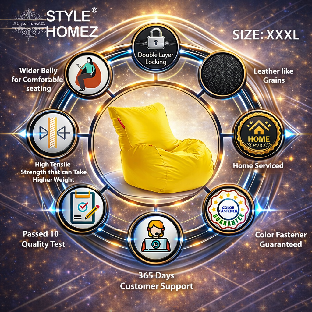 Style Homez MAMBO, Premium Leatherette Fabric XXXL Bean Bag Yellow Color Filled with Beans Fillers