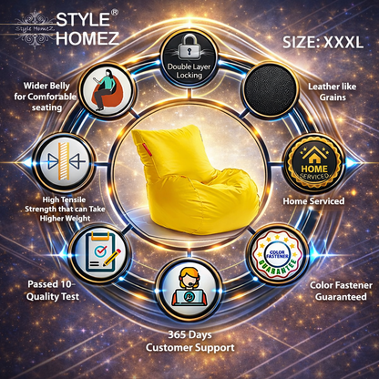Style Homez MAMBO, Premium Leatherette Fabric XXXL Bean Bag Yellow Color Filled with Beans Fillers