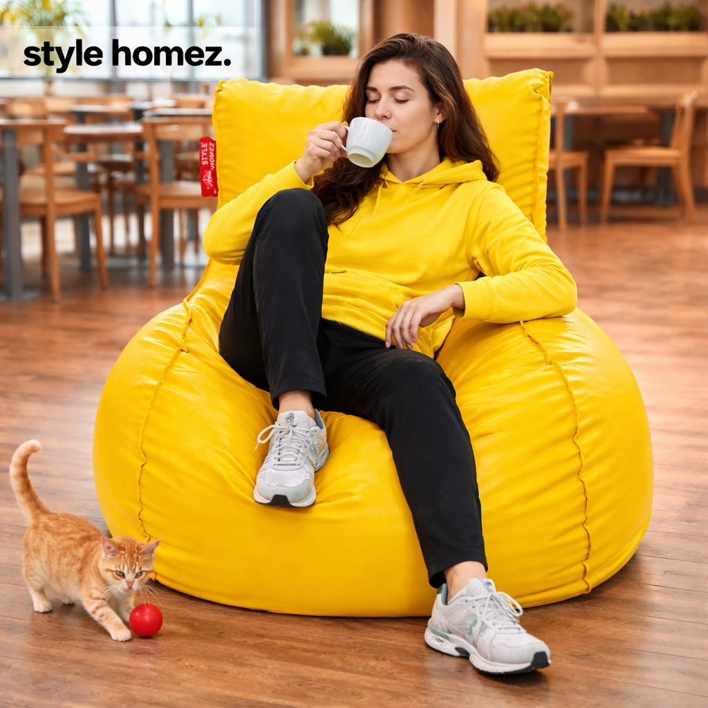 Style Homez MAMBO, Premium Leatherette Fabric XXXL Bean Bag Yellow Color Filled with Beans Fillers