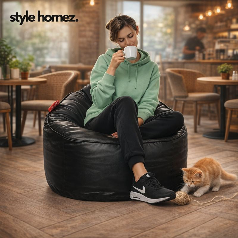 Style Homez Modern Mooda Rocker Lounger Bean Bag XXL Size Black Color Premium Leatherette Filled with Beans Fillers