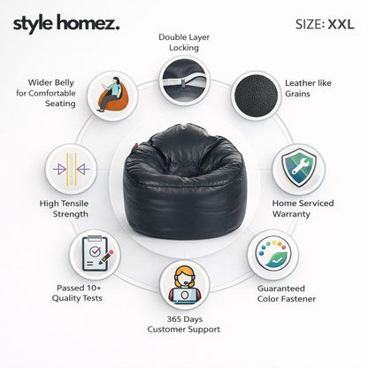Style Homez Modern Mooda Rocker Lounger Bean Bag XXL Size Black Color Premium Leatherette Filled with Beans Fillers