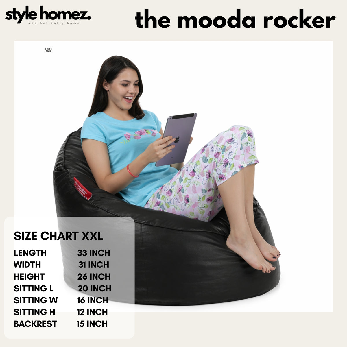 Style Homez Modern Mooda Rocker Lounger Bean Bag XXL Size Black Color Premium Leatherette Filled with Beans Fillers