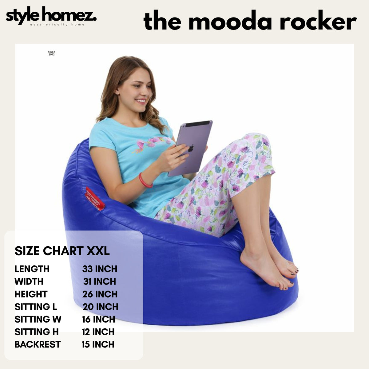 Style Homez Modern Mooda Rocker Lounger Bean Bag XXL Size Royal Blue Color Premium Leatherette Filled with Beans Fillers