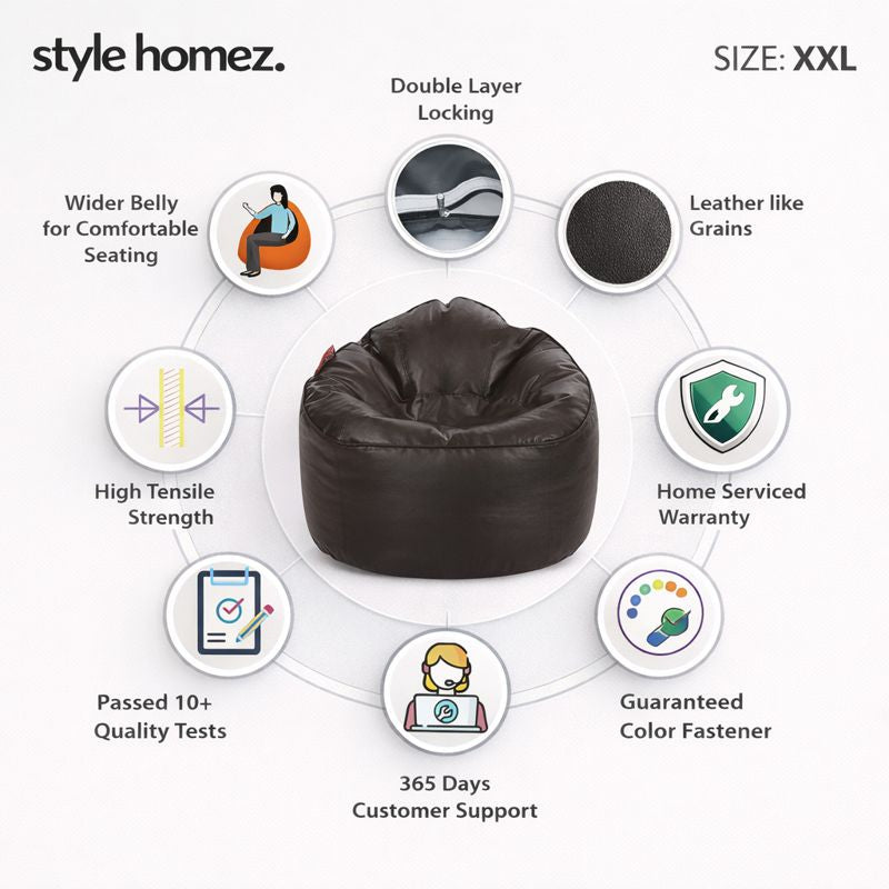Style Homez Modern Mooda Rocker Lounger Bean Bag XXL Size Chocolate Brown Color Premium Leatherette Filled with Beans Fillers