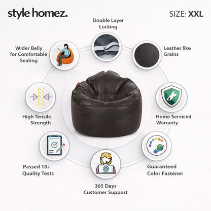 Style Homez Modern Mooda Rocker Lounger Bean Bag XXL Size Chocolate Brown Color Premium Leatherette Filled with Beans Fillers