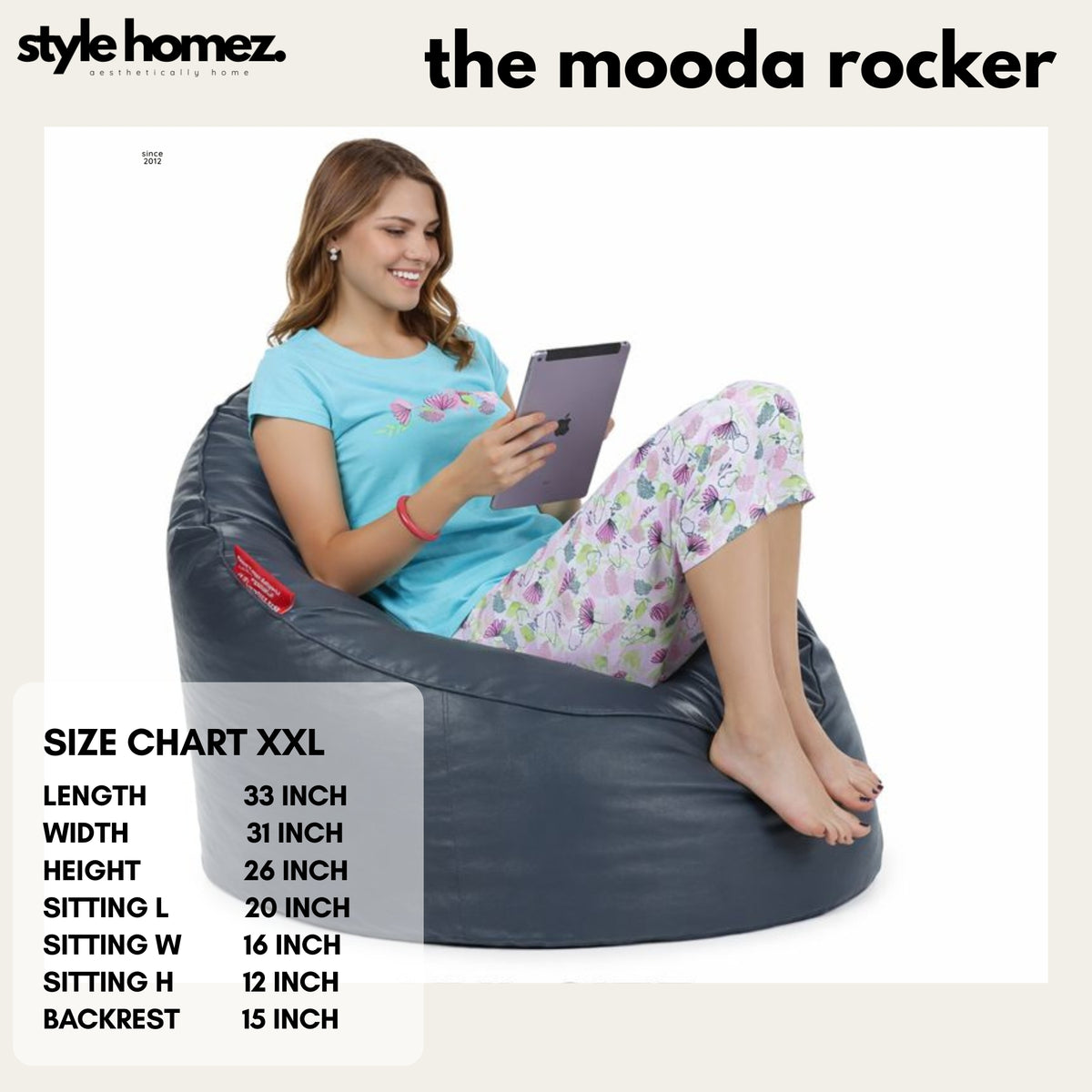 Style Homez Modern Mooda Rocker Lounger Bean Bag XXL Size Grey Color Premium Leatherette Filled with Beans Fillers
