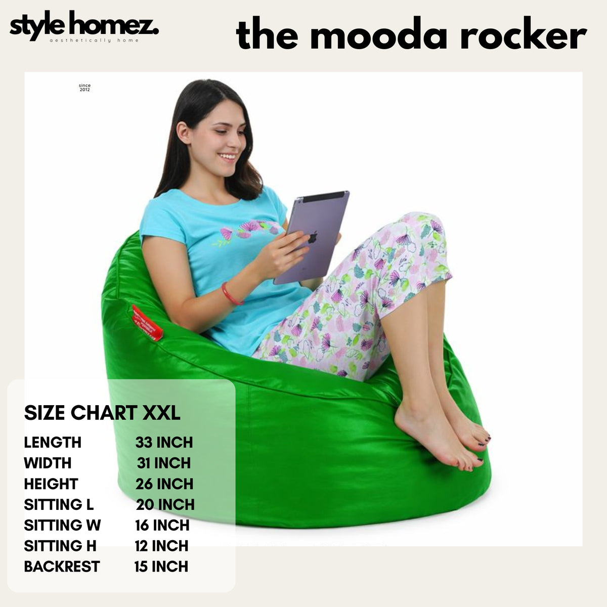 Style Homez Modern Mooda Rocker Lounger Bean Bag XXL Size Green Color Premium Leatherette Filled with Beans Fillers