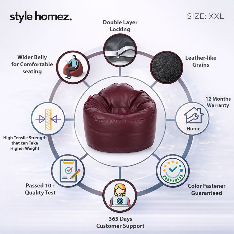 Style Homez Modern Mooda Rocker Lounger Bean Bag XXL Size Maroon Color Premium Leatherette Filled with Beans Fillers