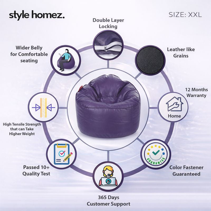 Style Homez Modern Mooda Rocker Lounger Bean Bag XXL Size Purple Color Premium Leatherette Filled with Beans Fillers
