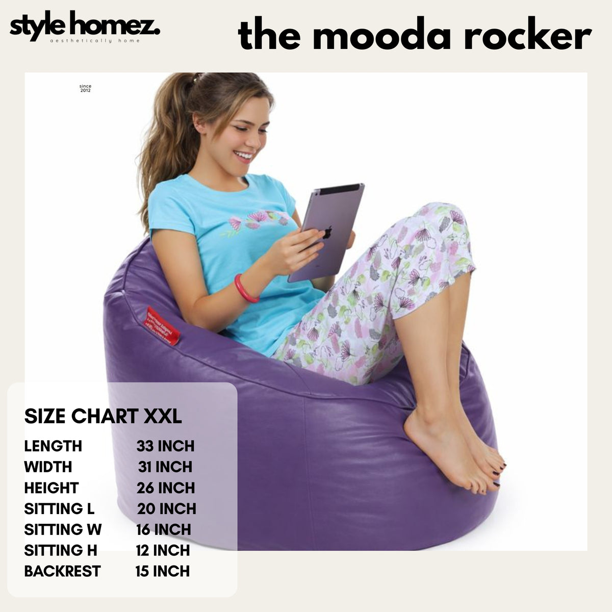 Style Homez Modern Mooda Rocker Lounger Bean Bag XXL Size Purple Color Premium Leatherette Filled with Beans Fillers