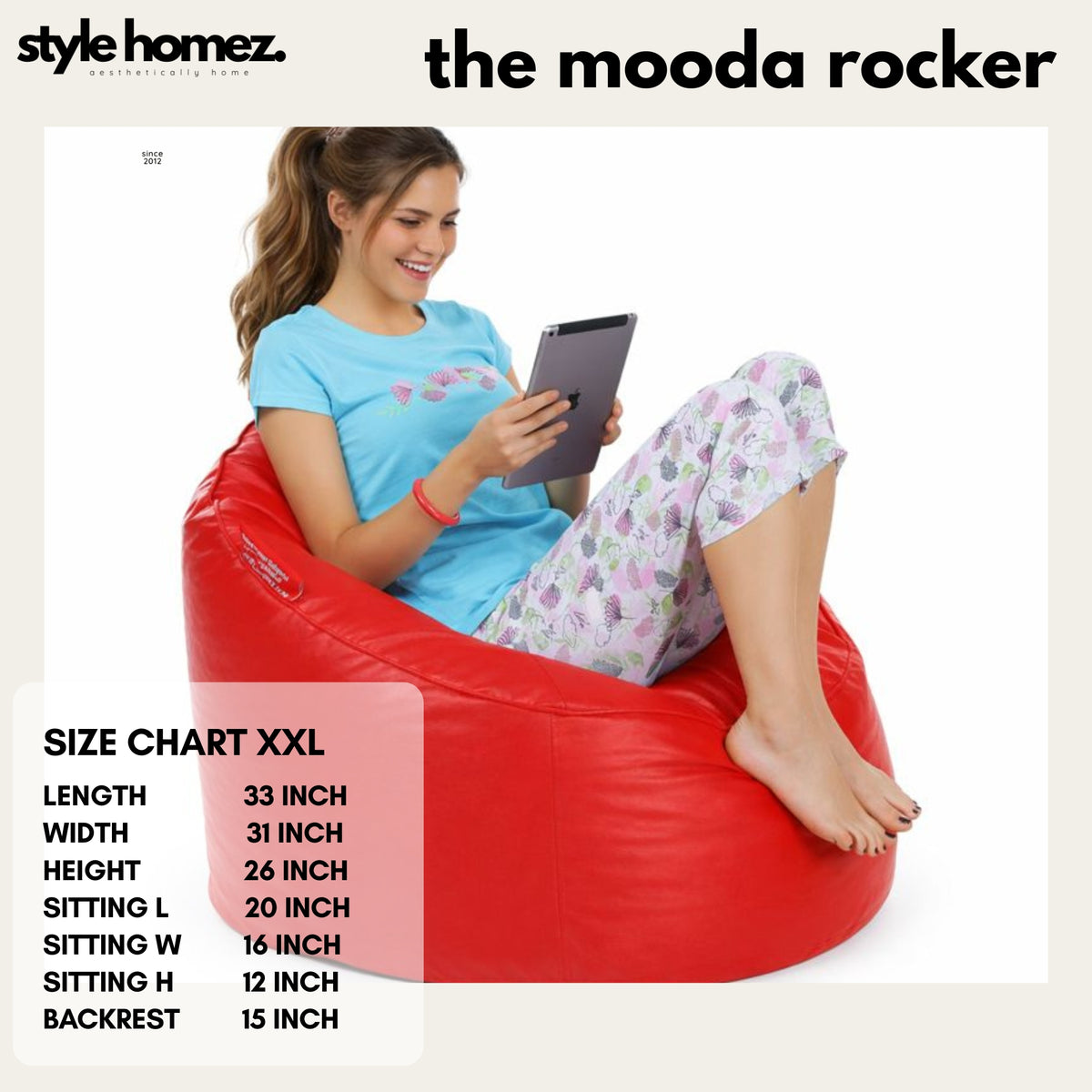 Style Homez Modern Mooda Rocker Lounger Bean Bag XXL Size Red Color Premium Leatherette Filled with Beans Fillers