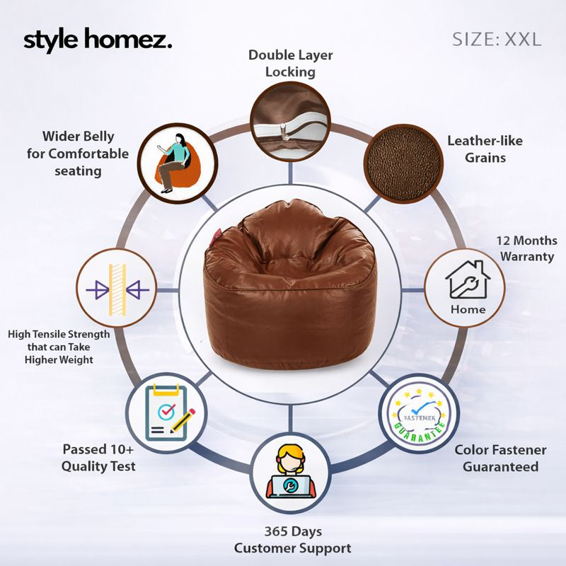 Style Homez Modern Mooda Rocker Lounger Bean Bag XXL Size Tan Color Premium Leatherette Filled with Beans Fillers
