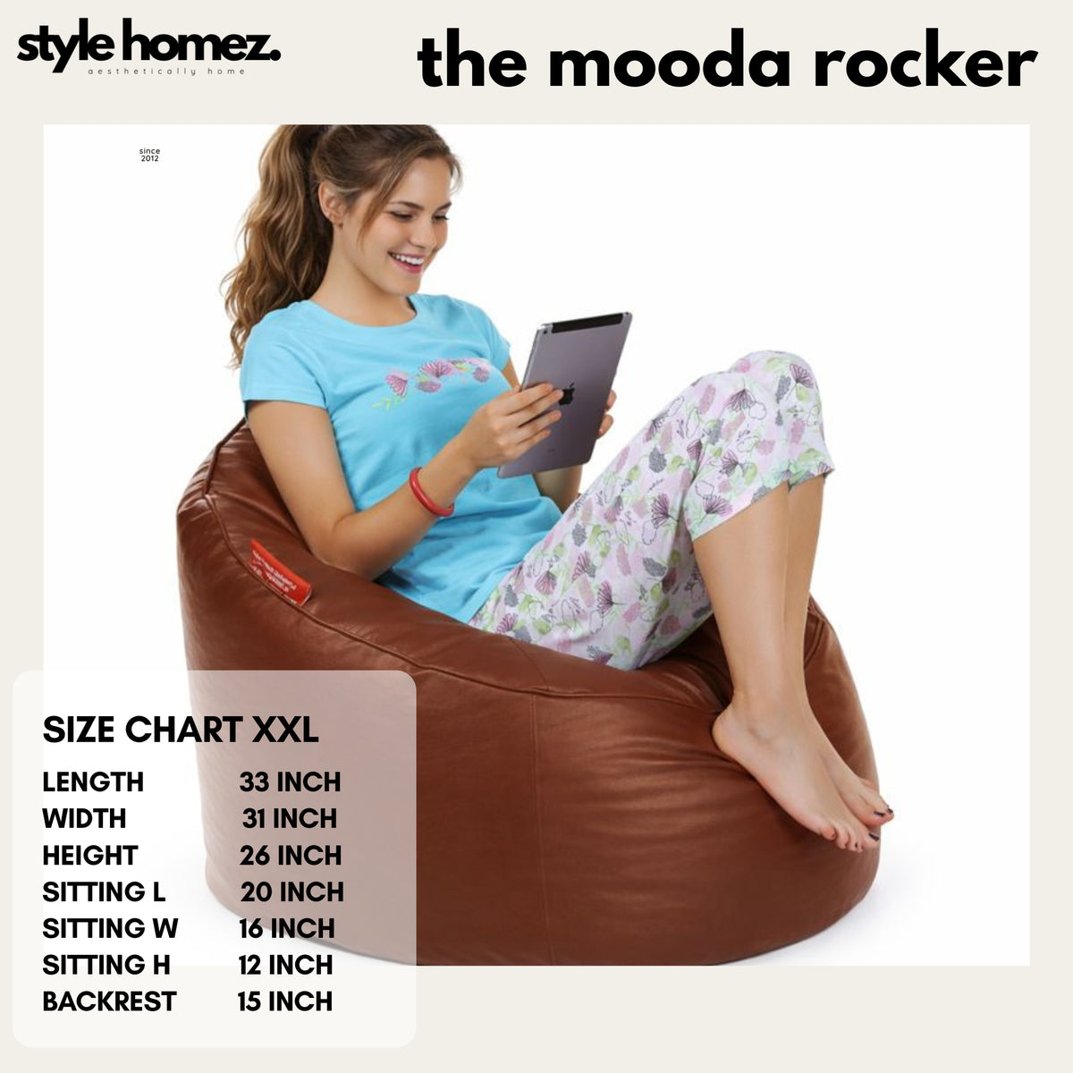 Style Homez Modern Mooda Rocker Lounger Bean Bag XXL Size Tan Color Premium Leatherette Filled with Beans Fillers