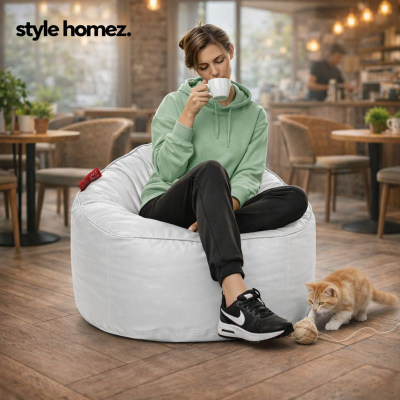 Style Homez Modern Mooda Rocker Lounger Bean Bag XXL Size Elegant White Color Premium Leatherette Filled with Beans Fillers