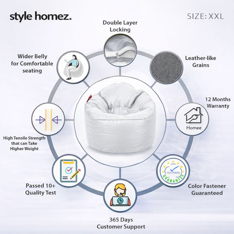 Style Homez Modern Mooda Rocker Lounger Bean Bag XXL Size Elegant White Color Premium Leatherette Filled with Beans Fillers