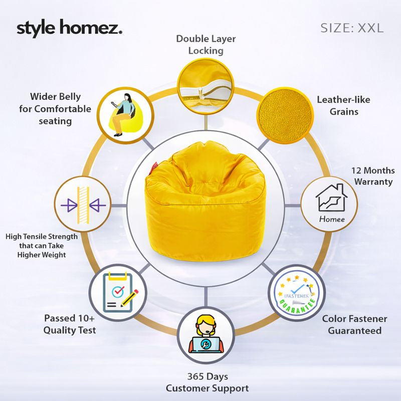 Style Homez Modern Mooda Rocker Lounger Bean Bag XXL Size Yellow Color Premium Leatherette Filled with Beans Fillers