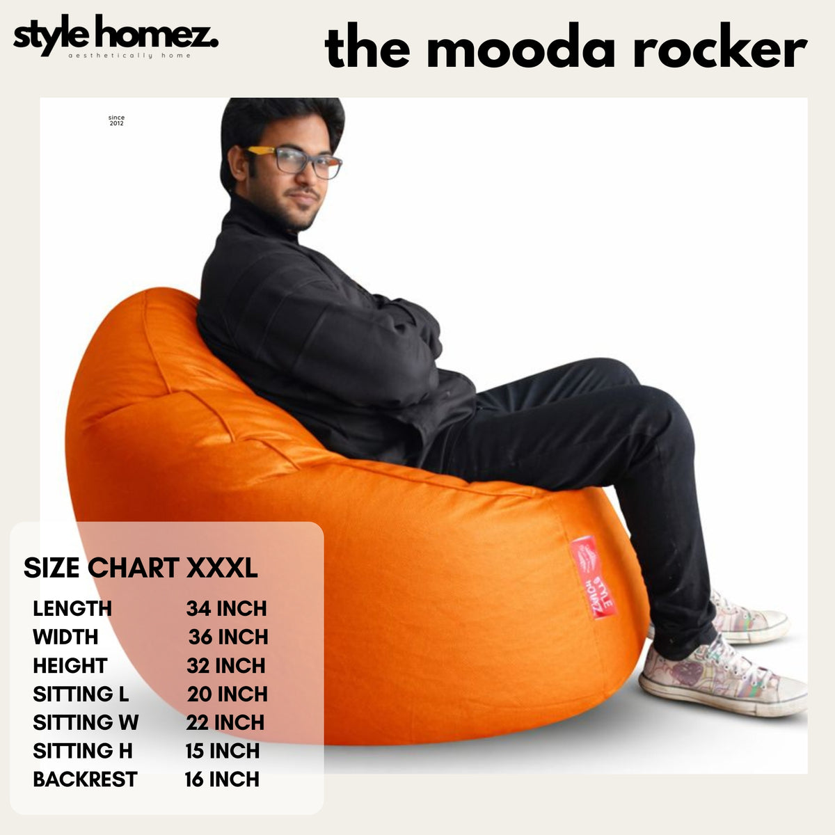 Style Homez Modern Mooda Rocker Lounger Bean Bag XXXL Size Orange Color Premium Leatherette Filled with Beans Fillers