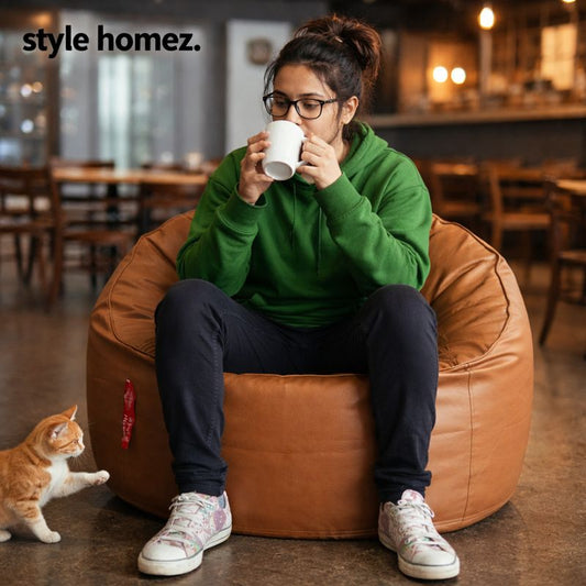 Style Homez Modern Mooda Rocker Lounger Bean Bag XXXL Size Tan Color Premium Leatherette Filled with Beans Fillers