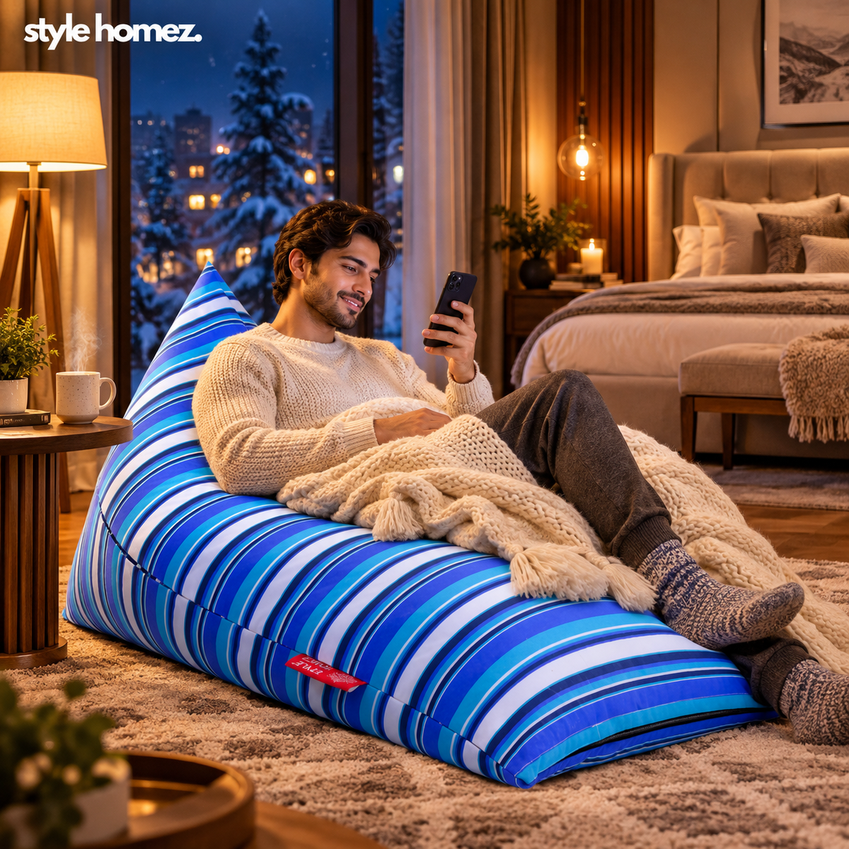 Style Homez PYRAMID LOUNGE, Cotton Canvas Stripes Printed Bean Bag XXL Size Filled with Beans Fillers