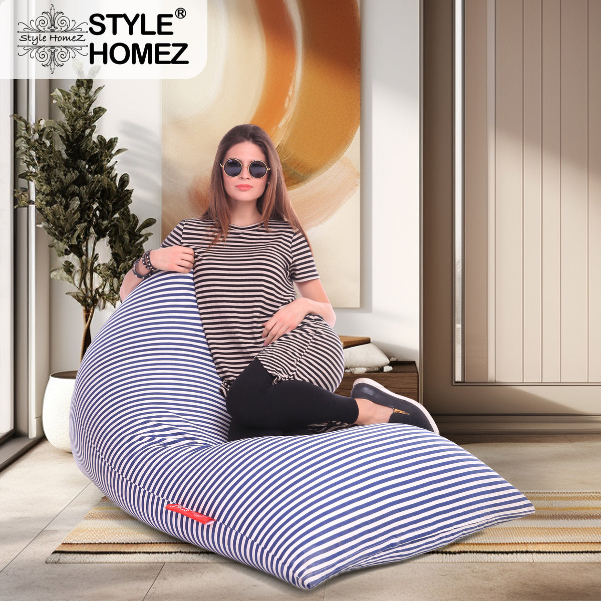 Style Homez PYRAMID LOUNGE, Cotton Canvas Stripes Printed Bean Bag XXL Size Cover Only