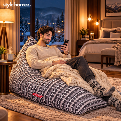 Style Homez PYRAMID LOUNGE, Cotton Canvas Polka Dots Printed Bean Bag XXL Size Filled with Beans Fillers
