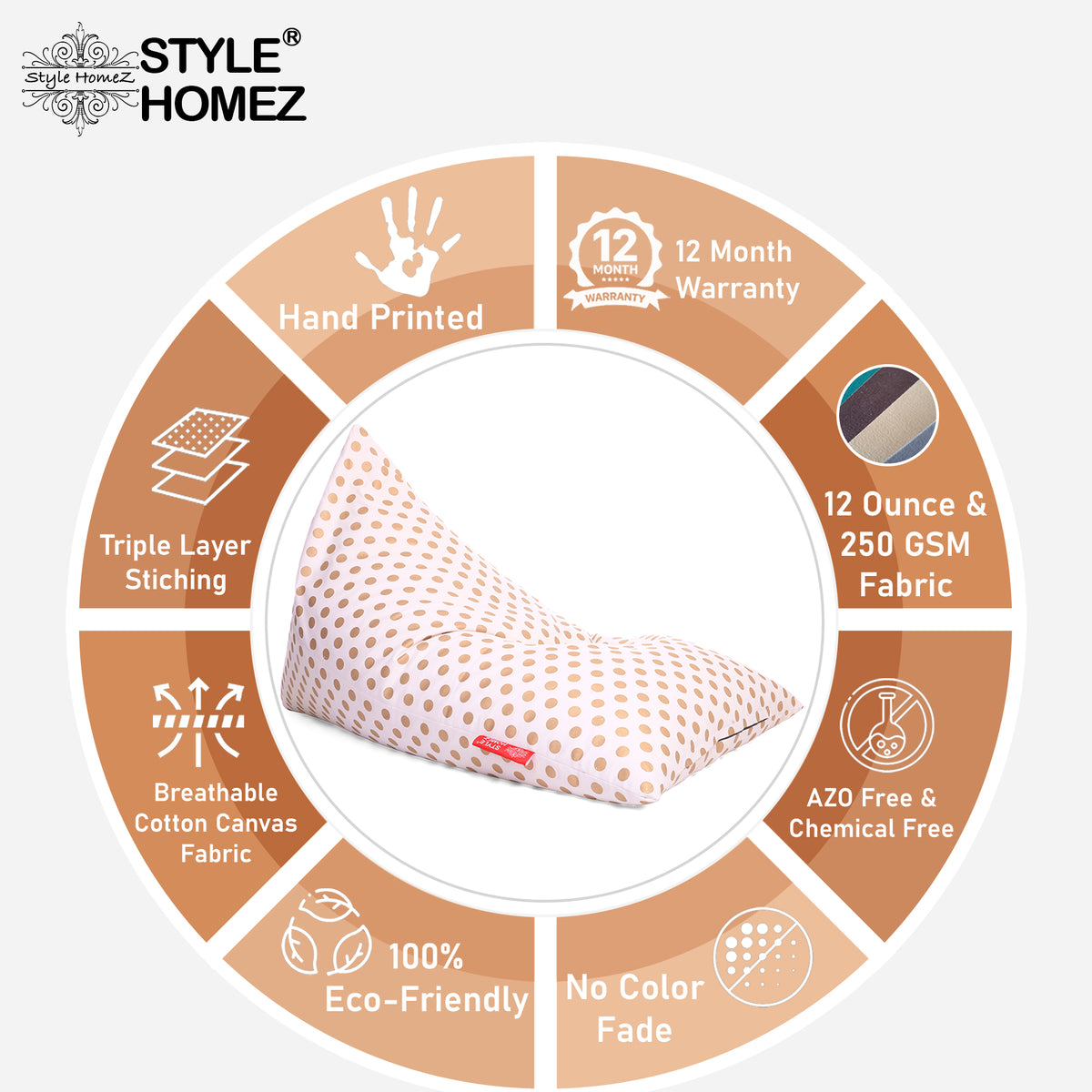 Style Homez PYRAMID LOUNGE, Cotton Canvas Polka Dots Printed Bean Bag XXL Size Cover Only