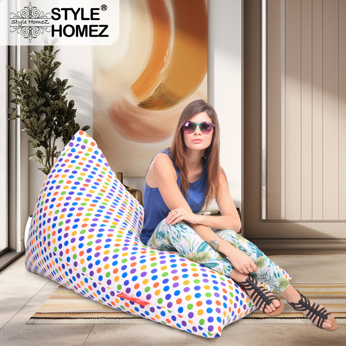 Style Homez PYRAMID LOUNGE, Cotton Canvas Polka Dots Printed Bean Bag XXL Size Filled with Beans Fillers